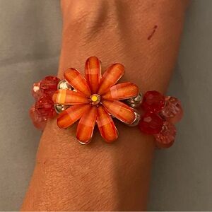 Pink Beaded Stretch Bracelet Orange Flower Center 2 Strands 7” To 9” Beads